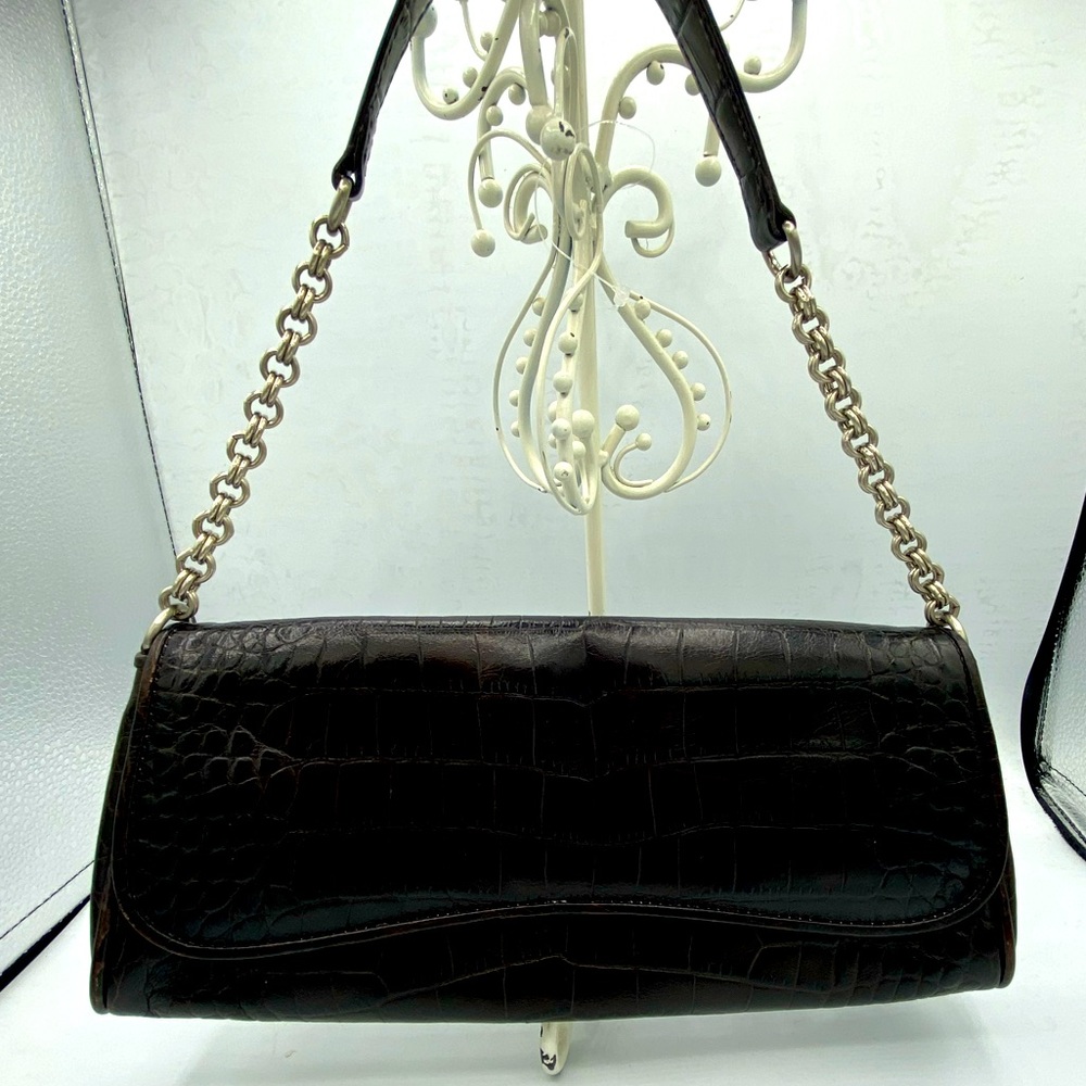 Ann Taylor Genuine Brown Leather Croc Embossed Clutch/Handbag 11”by5”by2” EUC